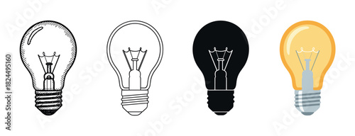 Set of four light bulbs in different artistic styles, including hand-drawn sketch, simple outline, solid black silhouette, and a colorful flat vector illustration for creative concepts