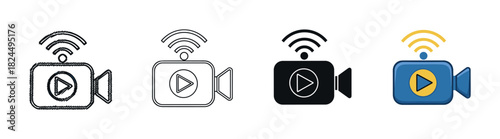 Video streaming camera icon set in four different styles including sketch, outline, glyph, and flat color for web and mobile application design