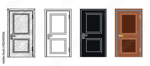 Set of four different door design styles including a hand-drawn sketch, a simple line art drawing, a black silhouette icon, and a brown flat color vector graphic