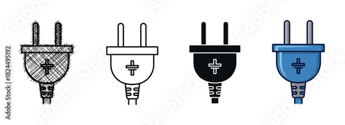 Electric plug icon set with four different styles including a hand-drawn scribble, a minimal outline, a solid black glyph, and a modern flat color vector illustration
