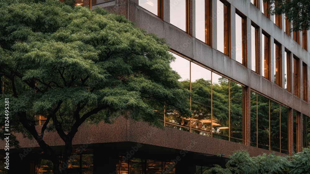 Fototapeta premium A large green tree with dense foliage partially obscures a modern concrete building with reflective windows