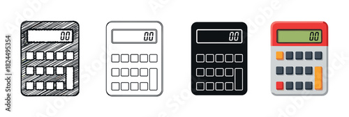 Set of four calculator icons showing different artistic styles including hand-drawn sketch, simple outline, solid black silhouette, and colorful flat design for financial concepts