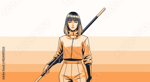 Illustration of a confident female martial artist with a bo staff against a minimalist striped background.