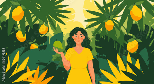 A woman in a yellow dress stands in a lush tropical jungle, holding a green mango amidst ripe yellow ones.