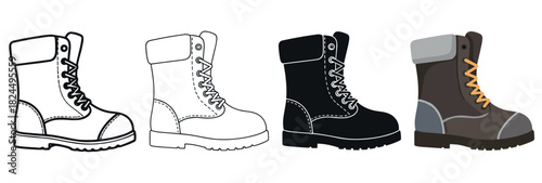 Collection of four army boot icons in various graphic styles, including a thick outline, a thin line drawing, a black silhouette, and a colored flat design illustration