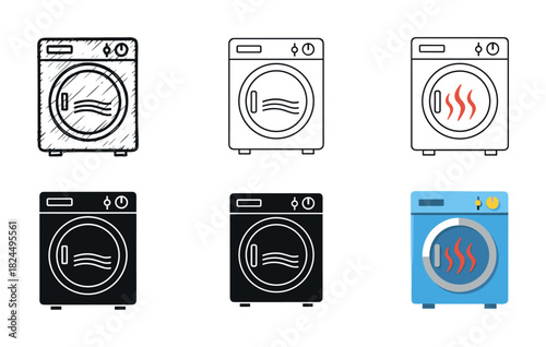 Clothes dryer machine icon set showing various design styles like line art, sketch, glyph, and flat color for laundry and home appliance illustrations