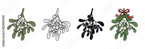 Set of four mistletoe sprig illustrations in different styles including color, black and white line art, silhouette, and with a festive red ribbon