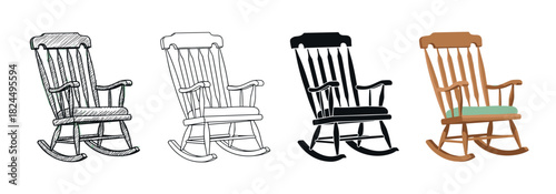 Set of four wooden rocking chairs in different artistic styles, from a hand-drawn sketch and clean line art to a solid black silhouette and a flat color vector illustration