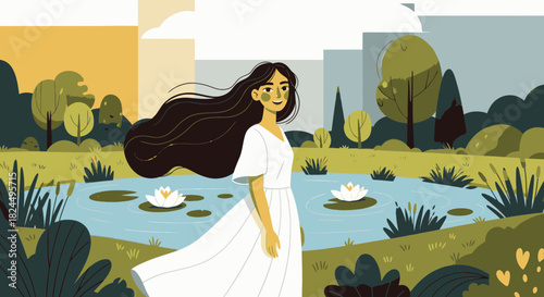 A beautiful young woman with long flowing hair in a white dress stands in a serene park by a pond with water lilies.