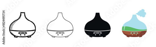 Set of aroma diffuser icons in various styles including hand-drawn sketch, clean outline, solid silhouette, and a colored flat illustration with steam for aromatherapy