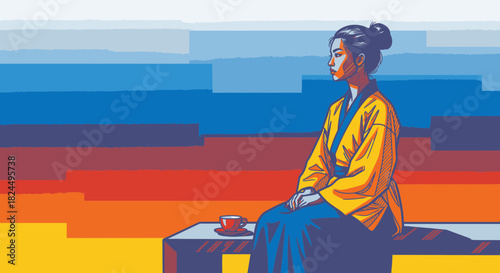A serene Asian woman in a yellow robe sits peacefully, contemplating a colorful, abstract sunset.