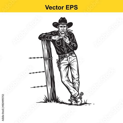 Black and white vector illustration of a cowboy leaning against a barbed wire fence post