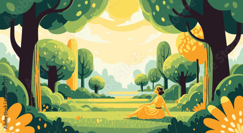 A serene woman in a yellow dress enjoys a peaceful, sunny day in a lush, stylized green park illustration.