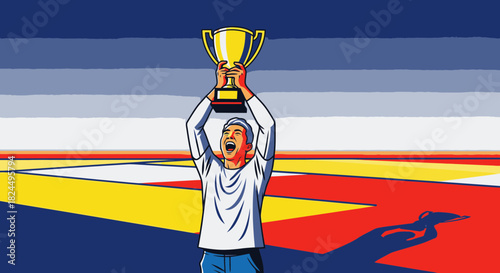 Illustration of a triumphant winner holding a golden trophy cup high in celebration on a colorful background.