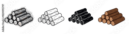Set of four firewood log pile illustrations in various artistic styles including detailed sketch, simple line art, solid black silhouette, and flat color icon