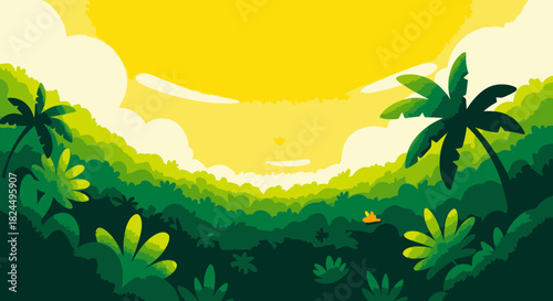 A vibrant vector illustration of a lush jungle landscape at sunrise.