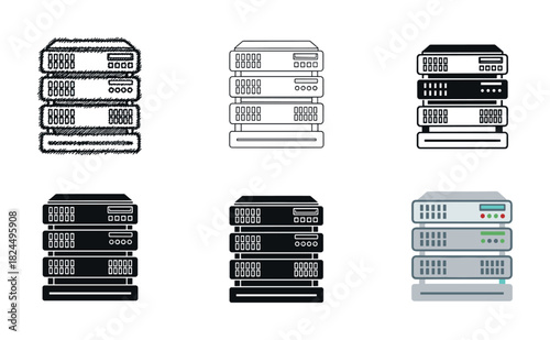 Collection of server rack icons presented in various artistic styles, including flat color, line art, glyph, and hand-drawn sketch for technology and networking concepts