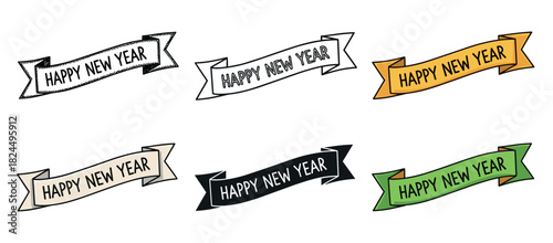 Hand-drawn happy new year ribbon banner set featuring six different colorful and monochrome doodle style illustrations for holiday greetings and festive winter season celebrations