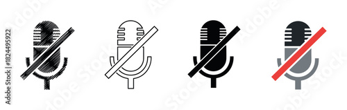 Set of four crossed-out microphone icons representing a mute function, shown in scribble, line, solid, and flat color vector illustration styles for web or app interfaces