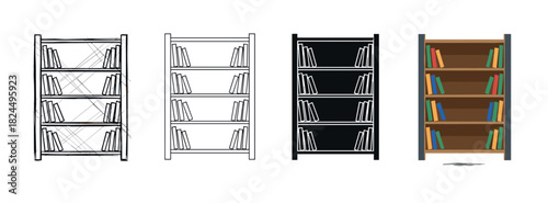 Set of four bookshelf illustrations showing different artistic styles, including a rough sketch, a clean outline, a black silhouette, and a colorful flat design for various concepts