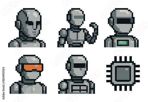 Collection of gray pixel art robot icons and a cpu microchip featuring different android heads, busts, and futuristic visors in a retro 8-bit video game style