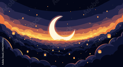 A glowing crescent moon hangs in a dark sky above illuminated clouds and floating lanterns, creating a magical, serene atmosphere.