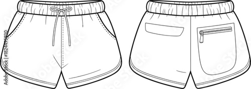 Cad drawing flat vector illustration, technical sketch of athletic shorts, fashion design template, garment construction, sportswear apparel layout