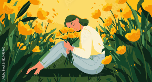 A serene illustration of a woman with green hair sitting peacefully in a vibrant field of yellow tulips.