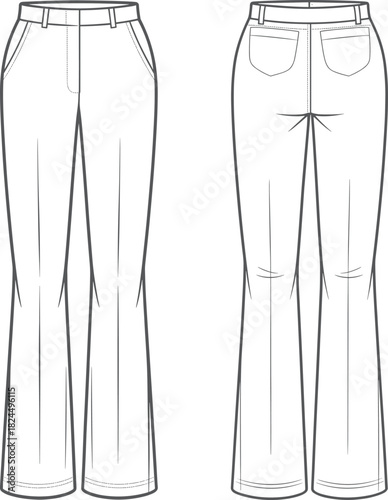 Cad drawing flat vector illustration, technical sketch of flared pants, fashion design template, garment construction, apparel blueprint layout