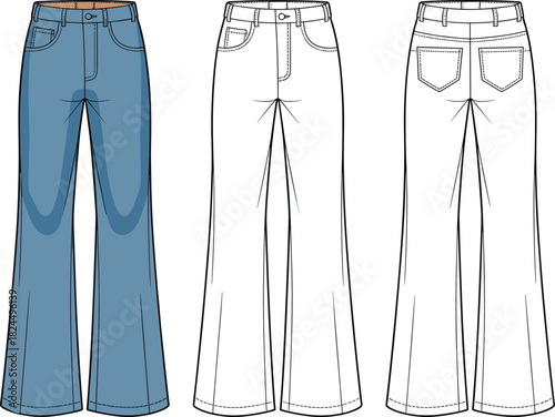 Cad drawing flat vector illustration, technical sketch of flared jeans, fashion design template, garment construction, denim apparel layout