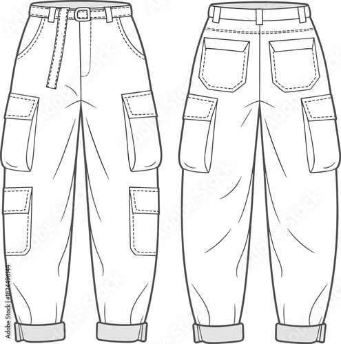 Cad drawing flat vector illustration, technical sketch of cargo pants, fashion design template, garment construction, utility apparel layout