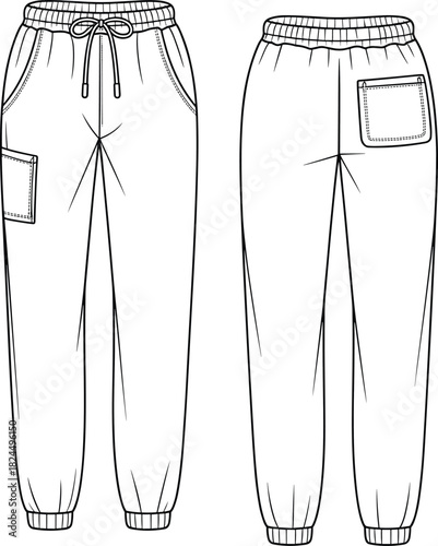 Cad drawing flat vector illustration, technical sketch of jogger cargo pants, fashion design template, garment construction, utility apparel layout