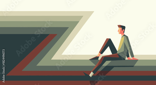 A minimalist vector illustration of a man sitting alone and contemplating on an abstract, retro-colored striped background.