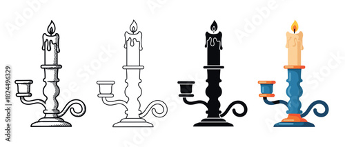 Collection of four vintage candlestick illustrations with a burning candle, showcasing various graphic styles like flat color, black silhouette, simple outline, and a hand-drawn sketch