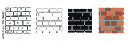 Set of four brick wall patterns showing different artistic styles including hand-drawn sketch, simple outline, solid silhouette, and a classic flat color design illustration