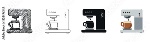 Coffee machine icon set with four different styles including scribble, outline, silhouette, and flat color design for graphic and web interface elements