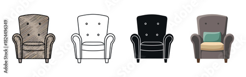 Set of four armchair illustrations showing a single piece of furniture in different artistic styles including sketch, outline, silhouette, and flat cartoon design for a versatile graphic collection