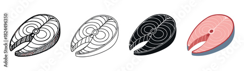 Set of four fish steak illustrations in different graphic styles including sketch, line art, silhouette, and flat color vector design for seafood or culinary concepts