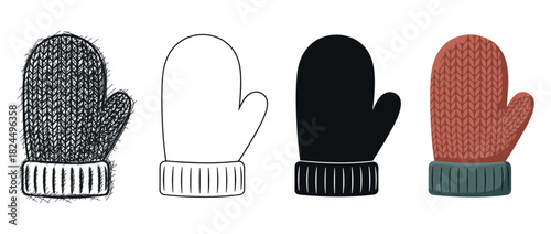 Set of four winter mitten illustrations in different artistic styles including hand-drawn sketch, simple outline, solid black silhouette, and a colorful flat vector design