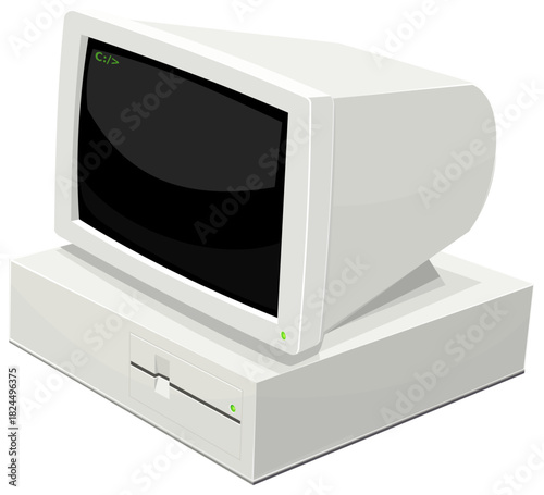 Vintage 1980s or 1990s desktop computer terminal with a floppy disk drive. The screen shows a DOS prompt (C:>). (cut out)