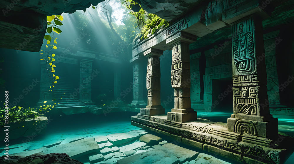 Fototapeta premium A breathtaking scene of Mayan ruins half submerged in a cenote, illuminated by soft beams of sunlight, creating an awe-inspiring atmosphere. Ideal for projects related to ancient cultures.