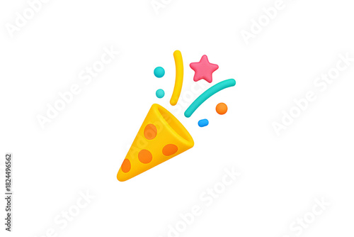 A 3D-rendered emoji of a party popper is centered against a transparent background. It is shaped like a cone, colored a bright yellow with a textured appearance and orange circular dots.