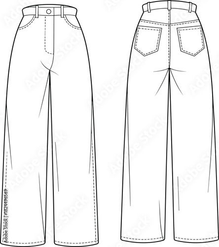 Cad drawing flat vector illustration, wide-leg pants front and back view, fashion sketch, garment template, tailored waistband design