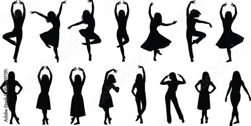 Large Set of Female Silhouettes in Dynamic Ballet, Modern Dance, and Performing Arts Poses, Illustrating Grace, Movement, Choreography, and Artistic Expression Concepts.