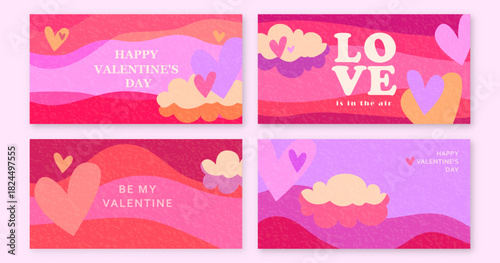 Love vector background, banner set. Valentines day pattern for romance poster, print, celebration template, layout. Creative modern illustration with hearts, clouds and waves