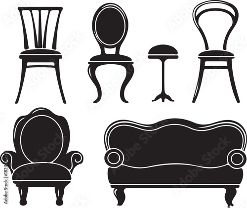 A set of vector silhouettes of classic luxury furniture icons, including an antique leather armchair and a wooden royal sofa, perfect for interior design and home decor
