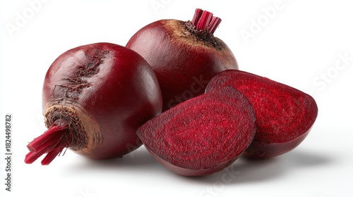 Whole beetroot and two sliced parts isolated on white, clipping path
