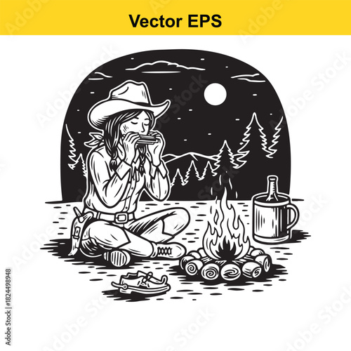 Cowboy playing harmonica by campfire under moon in nature vector art
