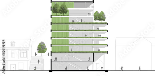 Architectural cross-section, multi-story building, vertical greenery, sustainable design, urban layout, green spaces, pedestrian pathways, eco-friendly structure, interior layout illustration
