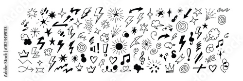 Hand drawn doodle collection of stars lightning bolts and musical notes